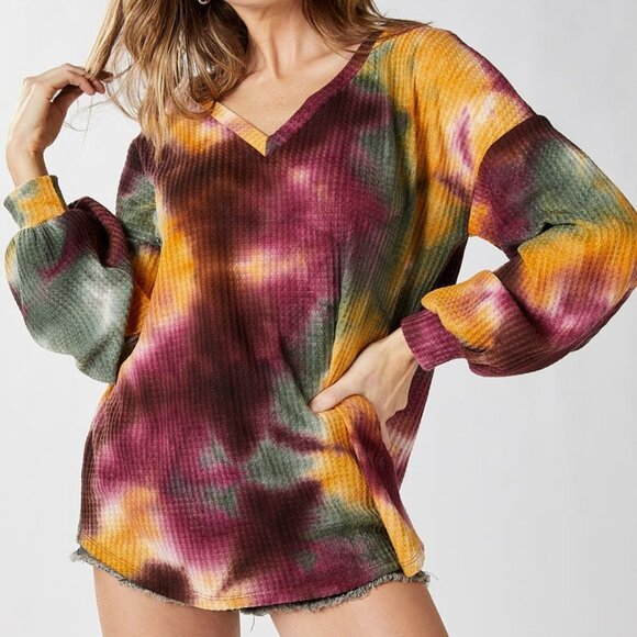 BIBI Tie Dye Waffle Knit Oversized Long Sleeve Shirt - Picture 7 of 16